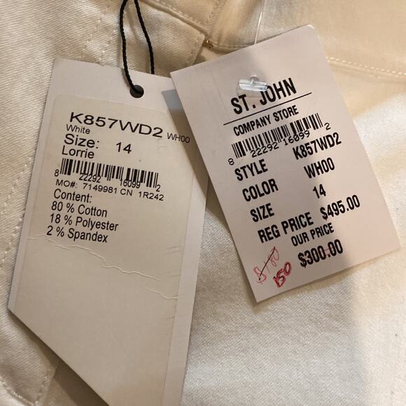 St. John Couture Women’s White Bootcut Jeans w/ Brown Lace Fringe Back Pockets - Picture 2 of 15